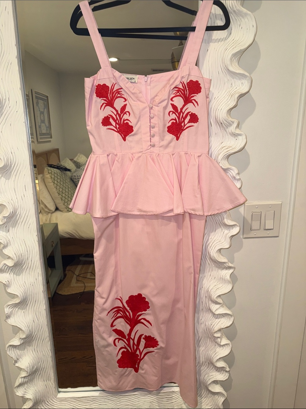 Fanm Mon Pink Midi Dress with Red Floral Embroidery